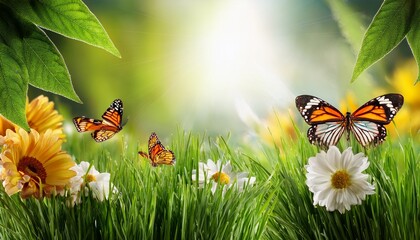 lush grass with flowers and butterflies background