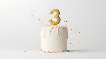 Festive 3th Birthday Cake on light background template with copy space