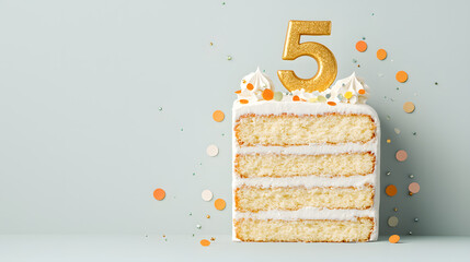 Festive 5th Birthday Cake on light background template with copy space