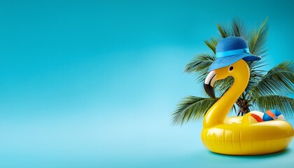 summer yellow flamingo wearing a blue hat blue beach ball and coconut tree silhouette on banner blue background