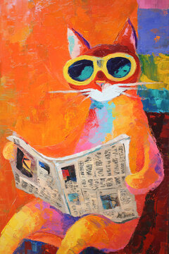 colorful cat reading newspaper sunglasses whimsical art painting orange vibrant illustration