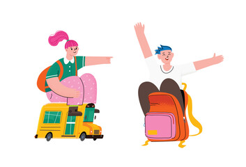 Cute funny whimsical characters going to school in bizarre ways. Going back to school. Looking for knowledge. A boy and a girl isolated Vector illustration. Search, study and curiosity concept.