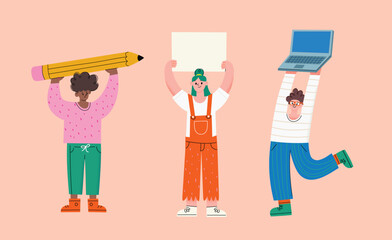 Diverse cartoon characters holding oversized objects above their heads. Laptop, giant pencil and blank sign. Vector illustration. Creative concept for teamwork, communication, education, protest