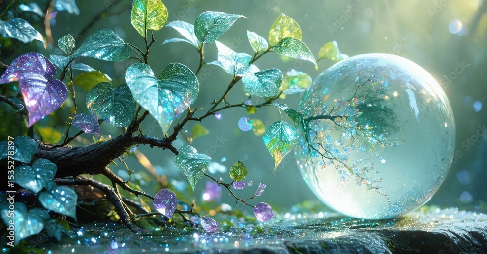 Poster magical scene depicts branch, leaves, bubble. light filters through foliage, creating ethereal glow.