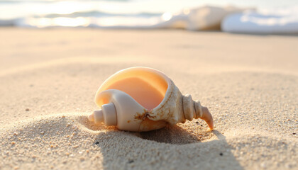 Obraz premium Shell resting on sandy beach with soft waves in the background 