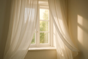 Soft light through white curtains in cozy interior room