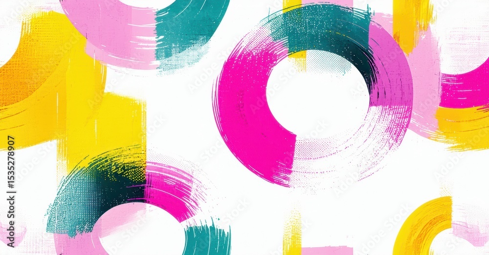 Poster abstract brushstrokes overlap, creating vibrant colorful pattern. pink, yellow, teal dominate compos