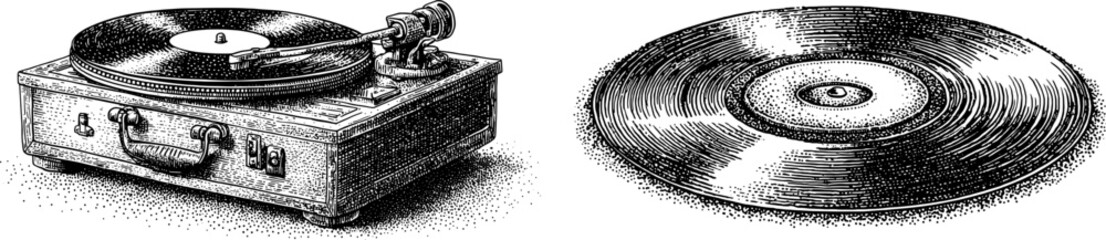 Vintage music collection: engraved antique vinyl record player and vinyl disc vector design