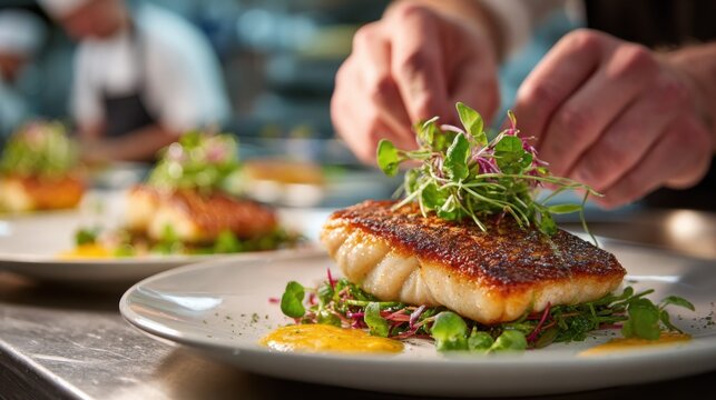 Chef garnishing a gourmet dish with herbs on a restaurant plate featuring perfectly seared fish fillet on bed of greens ideal for culinary promotions, restaurant visuals and fine dining concepts
