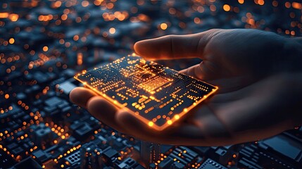 Hand holding glowing circuit board over cityscape