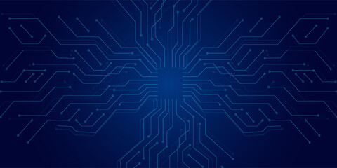 Abstract AI circuit board background. Technology connected blue lines with electronics elements on tech bg. Computer motherboard with a chip, processor, and semiconductor. Digital vector illustration