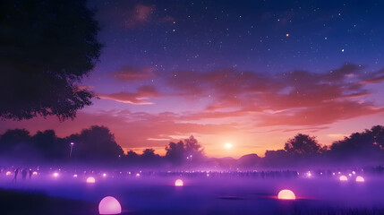 Fototapeta premium A dreamy night scene at Bonnaroo Music and Arts Festival where a massive crowd sways under a starlit sky. Psychedelic visuals burst across LED screens as the main stage glows in purples and oranges.