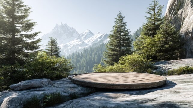Wooden platform on mountaintop with snowcapped peaks
