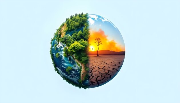 Half green and half burning planet Earth with trees clouds fire and cracked ground showing climate crisis