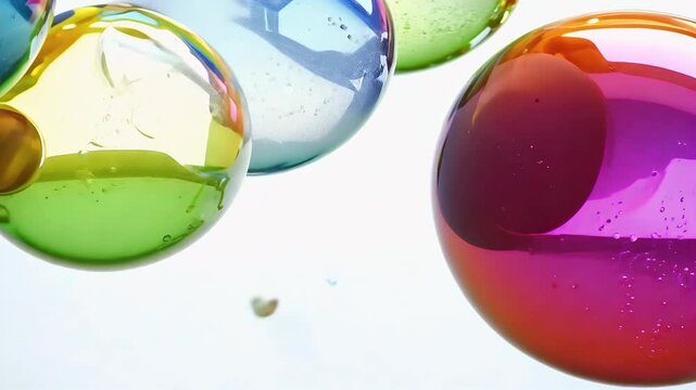 Dozens high gloss pastel spheres float weightlessly against clean white their candy colors shifting studio lights glide over curved surfaces lively four k backdrop supplies marketers playful upscale