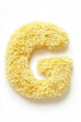 Soft and fluffy yellow letter G with a fuzzy texture stands out prominently against a clean white background, highlighting its playful design