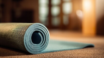 Elegantly Rolled Yoga Mat, Neatly Laid Out on the Floor with Subtle Studio Lighting, f/2.8 Depth of Field Emphasizing tranquility