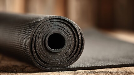 Neatly Rolled Yoga Mat Under Gentle Studio Glow, f/2.8 Focus Capturing Serenity on the Floor