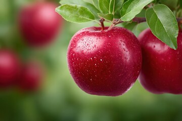 Obraz premium Closeup of Red Apples on Tree Branch with Green Leaves