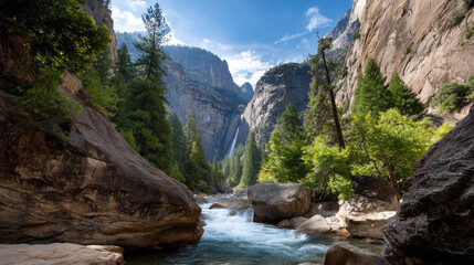 Fototapeta premium Mountain view above clouds flowers and blooming bushes at sunset sunbeams. Calm close-up beautiful landscape, screensaver background, Beautiful panorama. Summer vacation, holiday, amazing nature.