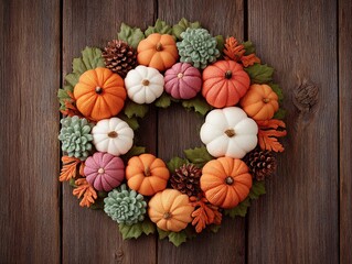 Colorful Autumnal Pumpkin Wreath on Rustic Wood
