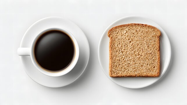 Realistic photography shows a comforting breakfast of black coffee in a white cup and a single slice of whole wheat toast on a plate, perfect for copy space. - Powered by Adobe