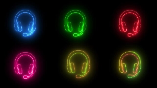 Neon music headphones animation set, colorful glowing audio icon bundle for gaming streams, dj loops, and futuristic motion graphics