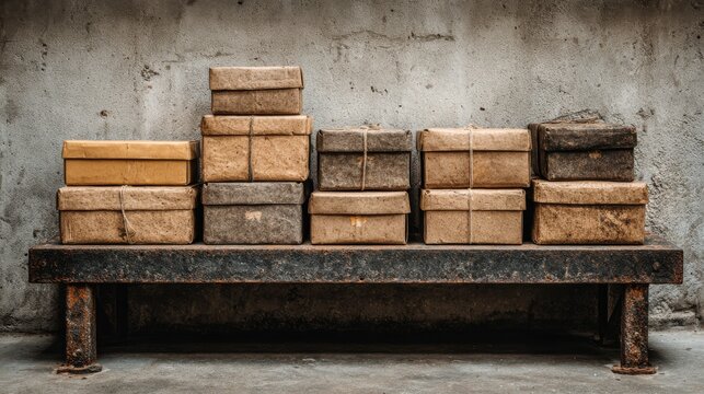 Stack of aged vintage cardboard boxes tied with string on rustic industrial bench against textured wall perfect for retro delivery concepts, warehouse visuals and packaging history themes