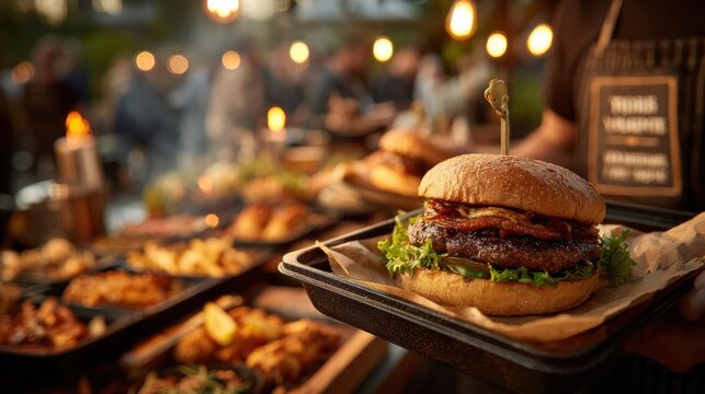 Close-up of gourmet beef burger with lettuce and sauce served on tray at outdoor food festival perfect for street food promotions, restaurant branding and summer event visuals