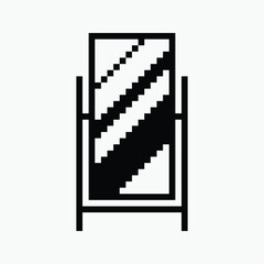 black and white standing mirror pixel art icon vector illustration.