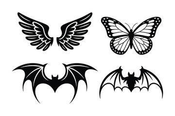 Set of four black and white wing illustrations including angelic, butterfly, and demonic styles – isolated graphic elements for creative design projects

