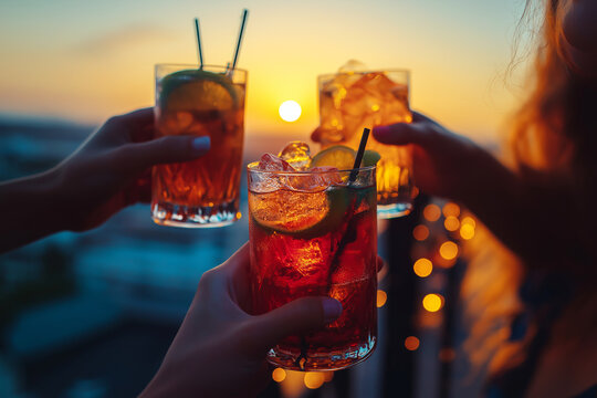 Group of cheerful friends on a balcony with fairy lights, clinking glasses filled with vibrant summer drinks, golden hour light, relaxed evening mood.