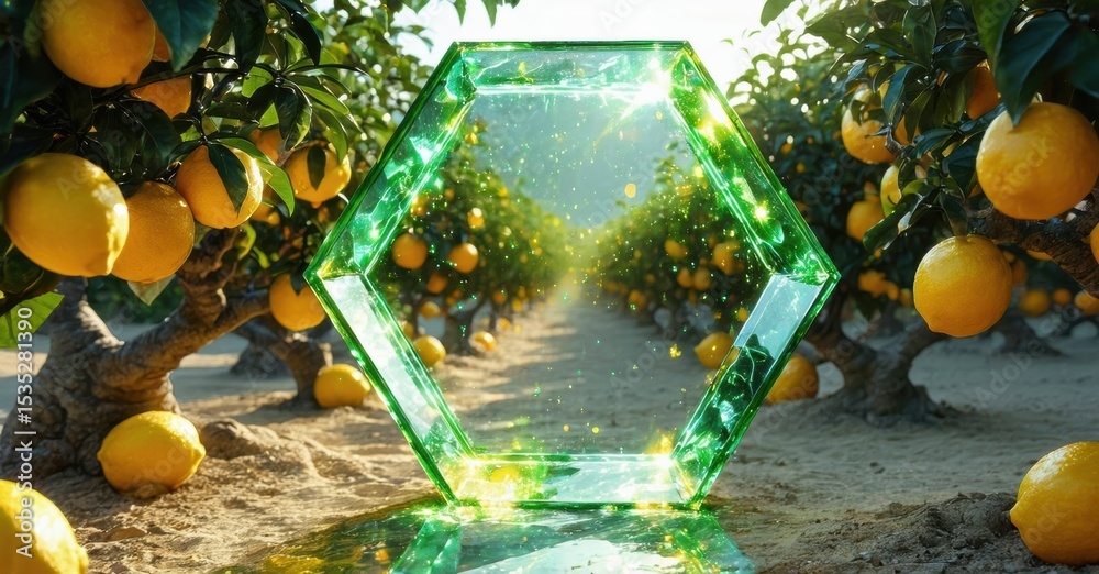 Poster Citrus orchard features glowing hexagonal prism. Sunlight streams through trees, creating vibrant scene. Lush foliage surrounds pathway.