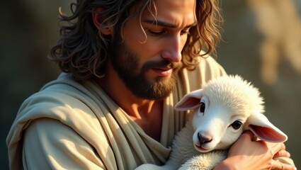 Momento sagrado en el que Jesús levanta un cordero perdido, representando la misericordia, el perdón y la fuerza de la fe compasiva