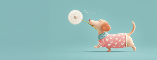 Cute cartoon dog in heart-pattern sweater sniffing dandelion on pastel background. Concept of lightness, springtime mood, and soft airy illustration with copy space