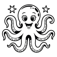 Friendly cartoon octopus character smiling with stars, black and white vector illustration, isolated on white for design and decoration projects
