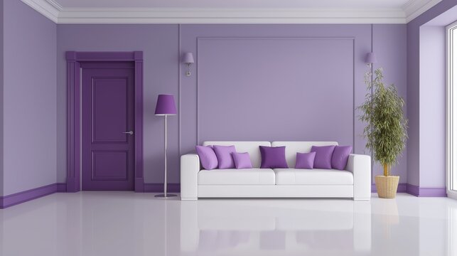 Modern Minimalist Living Room with Purple Walls and White Sofa with Matching Cushions

