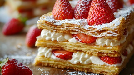6. Detail shot of layered mille-feuille pastries with cream and strawberry filling
