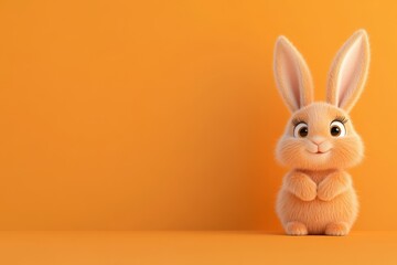 A fluffy orange bunny stands cheerfully, showcasing its big eyes and long ears against a vivid orange backdrop, radiating joy and playfulness