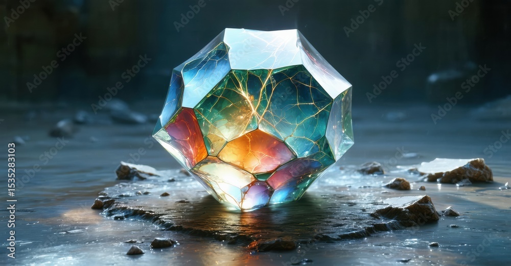 Poster glowing faceted crystal rests upon rocks, water surrounds object. light radiates, creating dramatic 