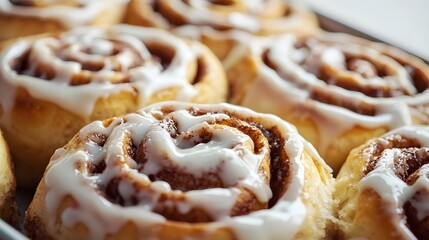 13. Macro image of cinnamon rolls with thick frosting in a bakery pan