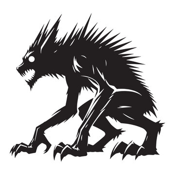 Terrifying shadowy chupacabra, strange beast, graphic vector, displaying its spines and teeth - chupacabra silhouette - chupacabra vector - silhouette of chupacabra
