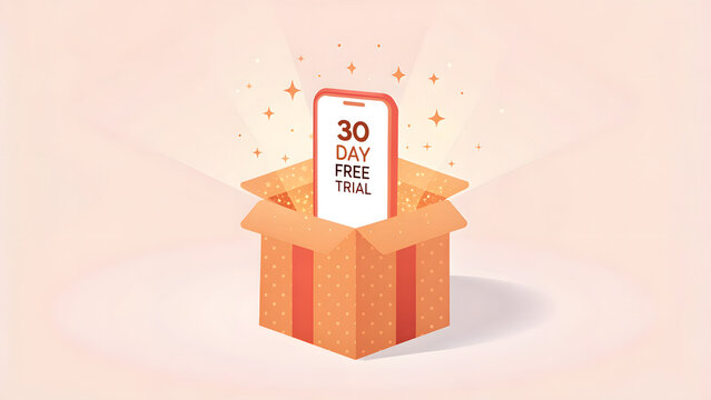 free trial 30 day vector featuring a glowing peach gift box unveiling a budgeting app, ultra-clean minimalist design, vibrant soft peach tones, sharp vector style, pale peach background