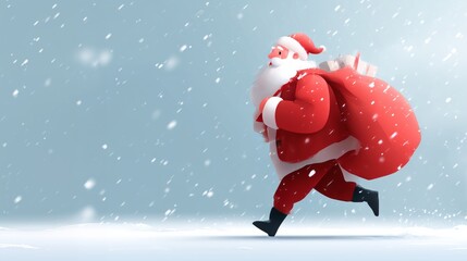 Running Santa Claus in snowstorm with gift sack and blank sky background. Concept of Christmas greeting card with copy space for message and festive delivery theme