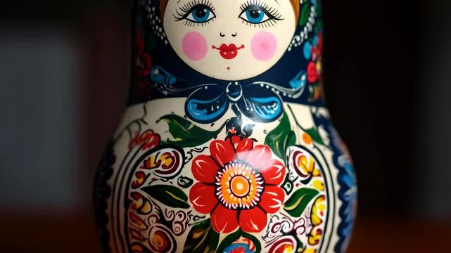 Close up of a painted nesting doll with floral decoration, featuring a stylized face with blue eyes, and a colorful headscarf