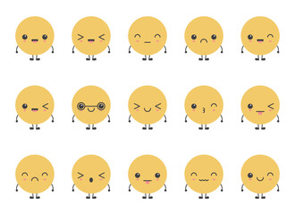 A delightful collection of cartoon emoji-like faces displaying diverse emotions. Each round character has unique expressions, adding charm and personality to the set.