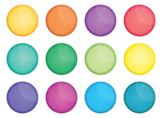 A vibrant array of twelve circles presented in a grid. The glossy circles feature a wide range of colors, including yellow, orange, purple, red, green, and blue variations.