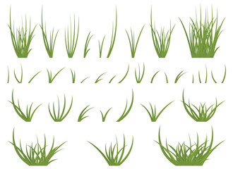 A collection of stylized green grass clumps. Various sizes, shapes, and groupings of grass blades are set against a clean, minimalist white backdrop, emphasizing simplicity.