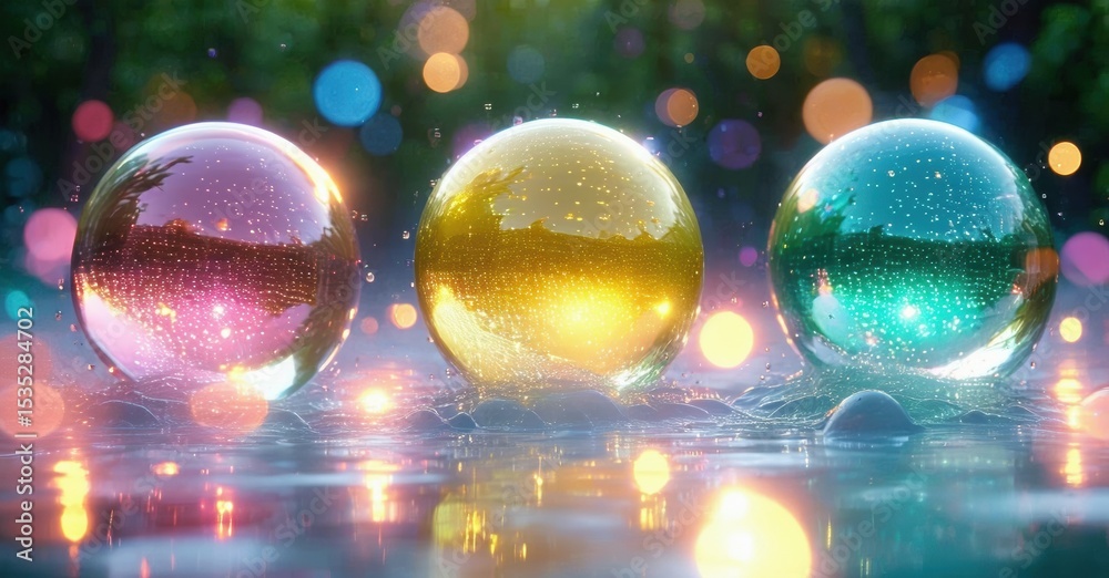Poster colorful spheres rest upon reflective surface. bokeh lights create vibrant, magical atmosphere. brig