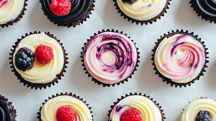 52. Overhead shot of mini cheesecakes with swirl designs and toppings